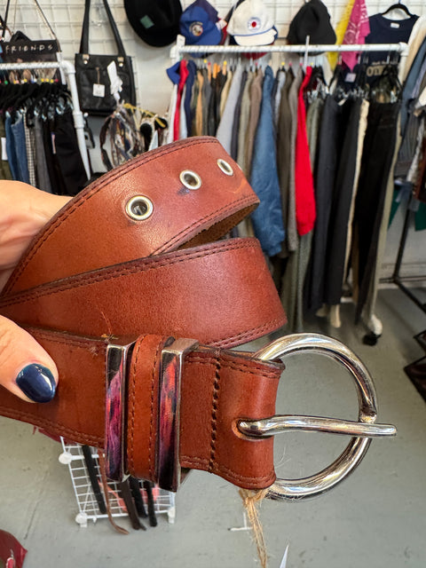 VTG Brown Leather Silver Buckle Belt Size M