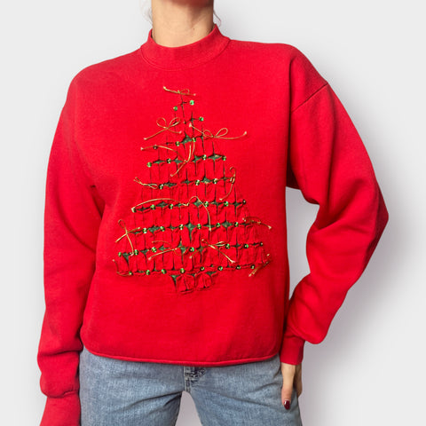 90s Fruit of the Loom Red Crewneck with Cut Out Christmas Tree Size L