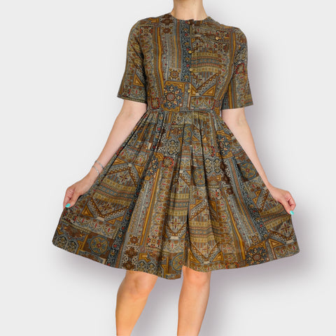 60s Carol Rodgers Brown Gray Pattern Dress Size S