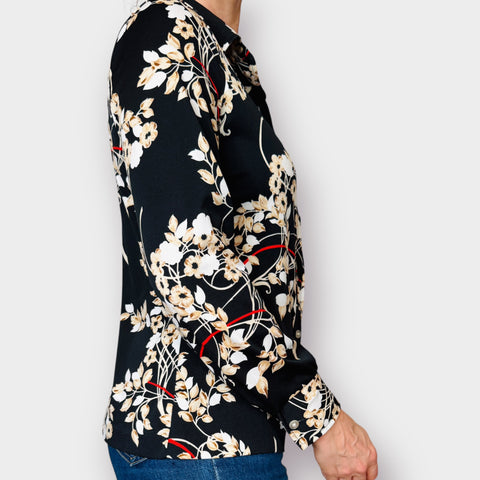 70s Lori-Lynne Black Tan Floral Blouse Size M