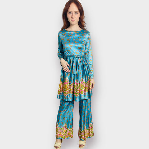 60s Sears at Home Wear Teal and Multicolor Set Size XS/S