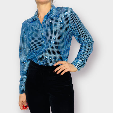90s Necessary Objects Blue Sparkle Top Size L