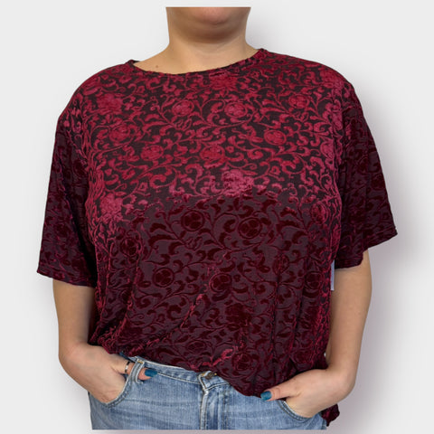 Y2K Bentley Maroon Velvet Burnout Top Size 2X
