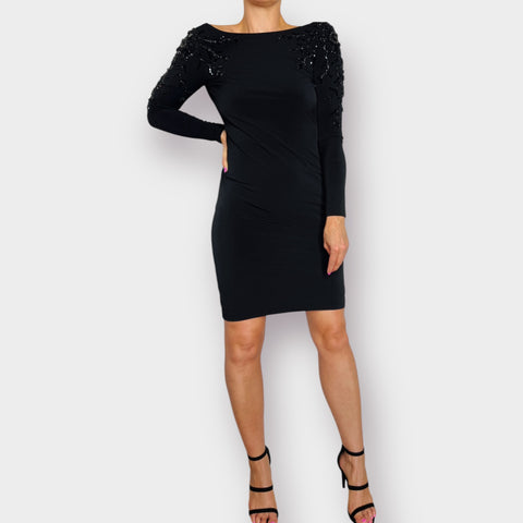 90s Black Cocktail Dress with Beaded Shoulders Size M