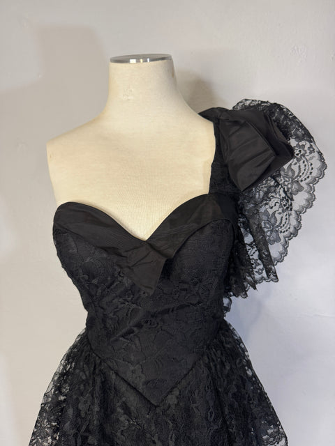 80s Climax Black Lace One Shoulder Party Dress Size XS
