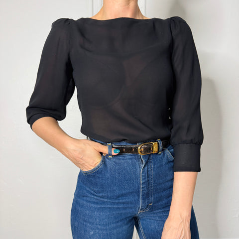 80s Jessica Martin Black Sheer Blouse Size S