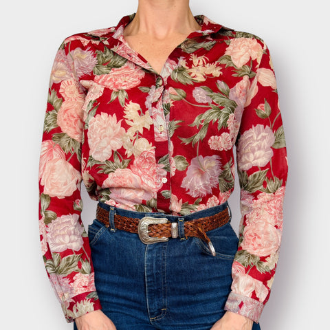 70s Personal Sheer Red Tropical Floral Blouse Size S