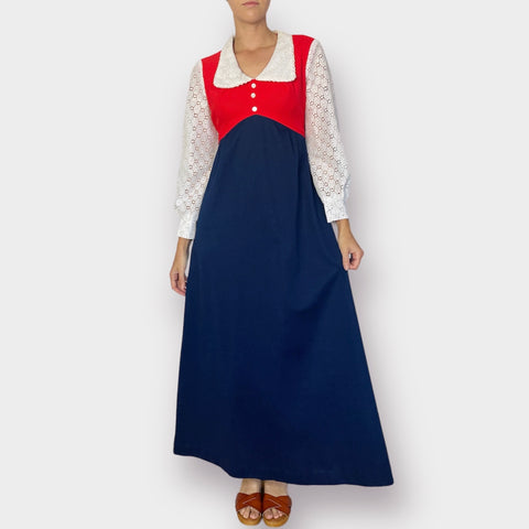 70s Red, White and Navy Maxi Dress