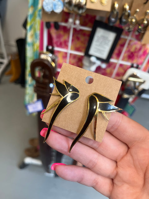 80s Black Gold Splayed floral earrings