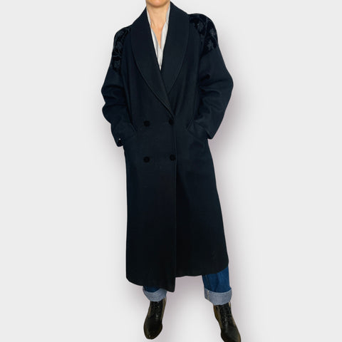 80s Maggie Lawrence Black Wool Coat with Velvet Shoulder Detail