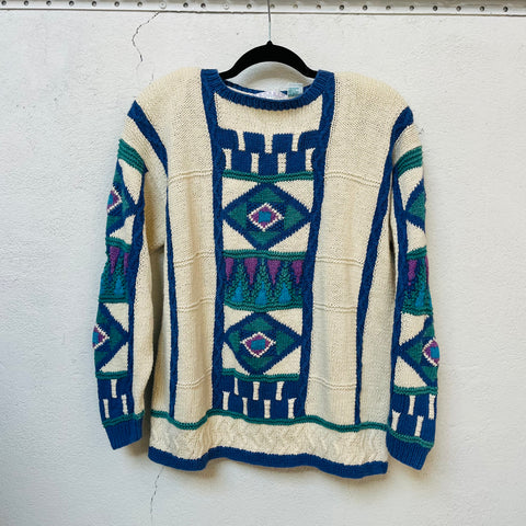 90s Segrets Sun Prints cream geometric blue print sweater Size M