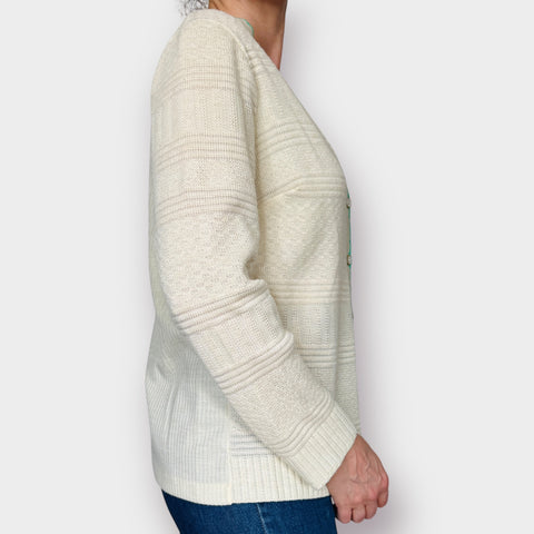 70s Cream Cardigan with Teal Trim Size L