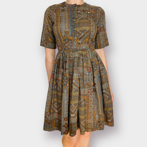 60s Carol Rodgers Brown Gray Pattern Dress Size S
