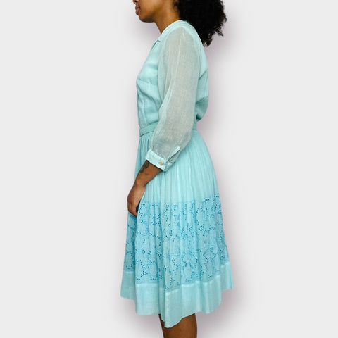 60s Tiffany Blue Eyelet Lace Dress Size S