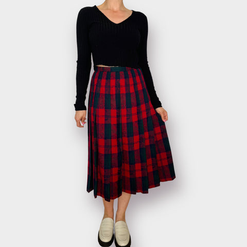 80s Pendleton Red Navy Green Wool Pleated Midi Skirt Size S