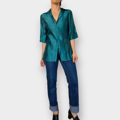 Y2K Teal Silk Blouse Size S
