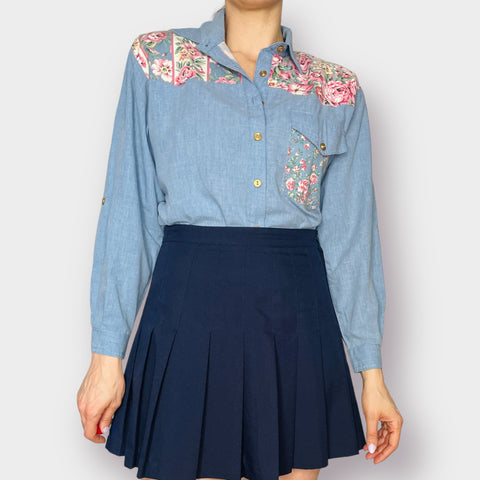 80s Chambray Flower Mixed Material Button Front Top