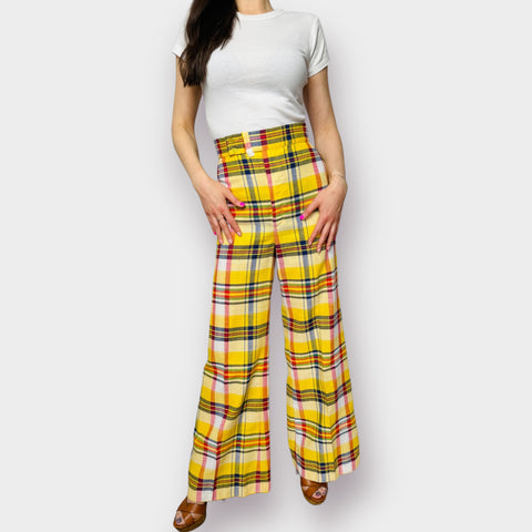 70s Time and Place Yellow Plaid Bell Bottoms Size XS