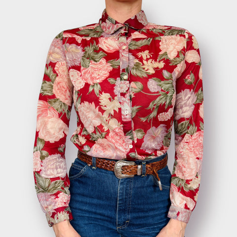 70s Personal Sheer Red Tropical Floral Blouse Size S