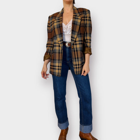 90s Requirements Tan Gray Plaid Blazer Size M