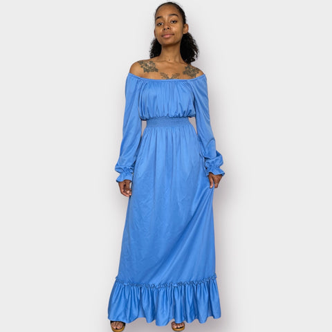 70s Blue Long Sleeve Maxi Dress