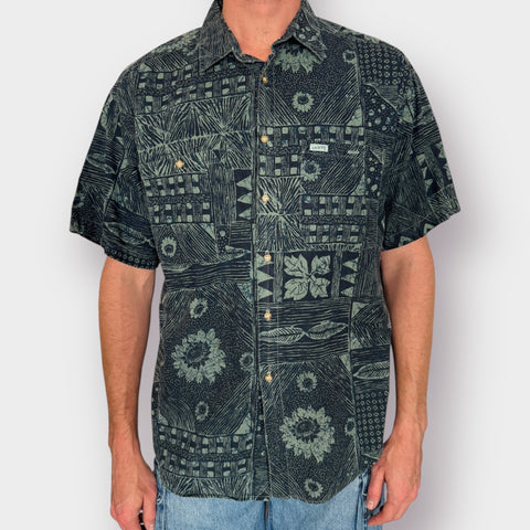 90s Guess Blue Short Sleeve Leaf Print Size XL