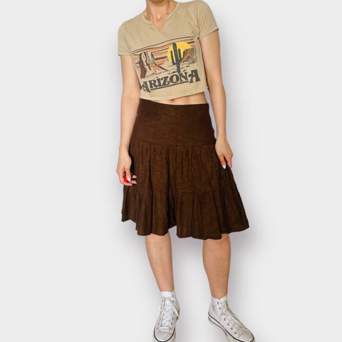 Y2K Brown Tiered Boho Linen Skirt