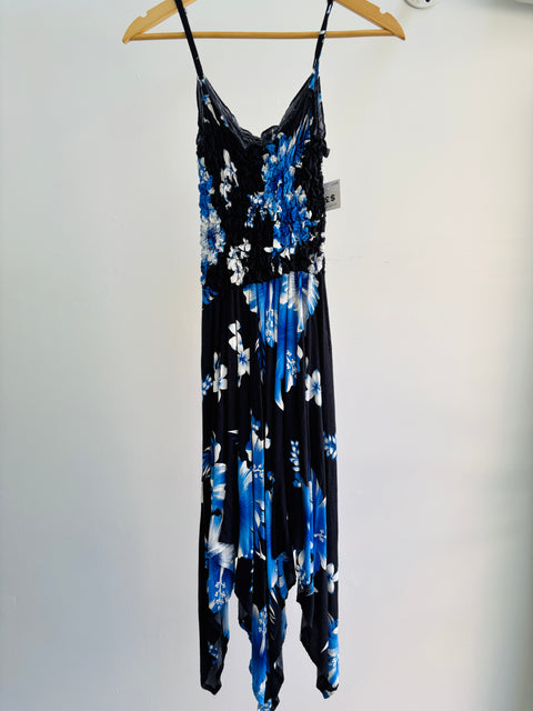 00s Black Blue Tropical Floral Sundress Size S