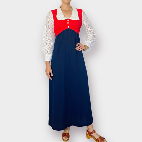 70s Red, White and Navy Maxi Dress Size S