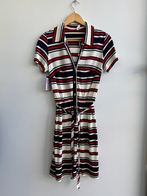 70s Red Cream Navy Striped Dress