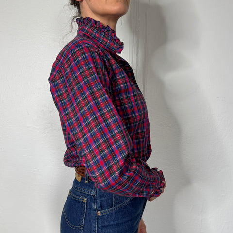 80s Circle Square Plaid Blouse with Ruffle Collar size S