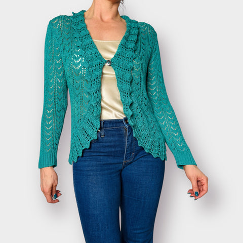 Y2K Jenny Teal Crochet Cardigan Size L