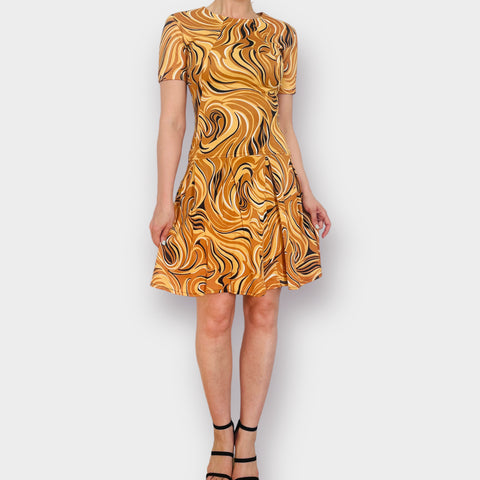 60s Holly Hill Golden Yellow and Black Swirl Pattern Dress Size S
