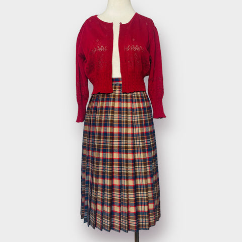 70s Blue Red Tan Orange Pleated Wool Midi Skirt Size XS