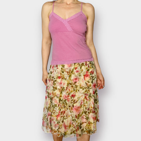 Y2K Talbots Pink Green Silk Floral Skirt