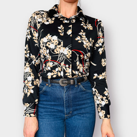 70s Lori-Lynne Black Tan Floral Blouse Size M