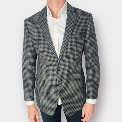 2000s Joseph Abboud Gray and Navy Wool Checkered Sportscoat