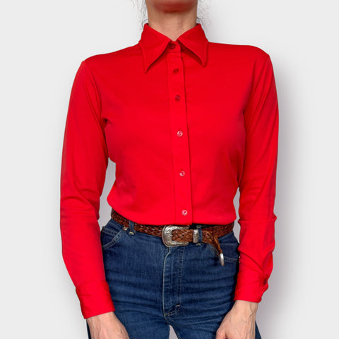 70s red polyester long sleeve blouse Size S/M