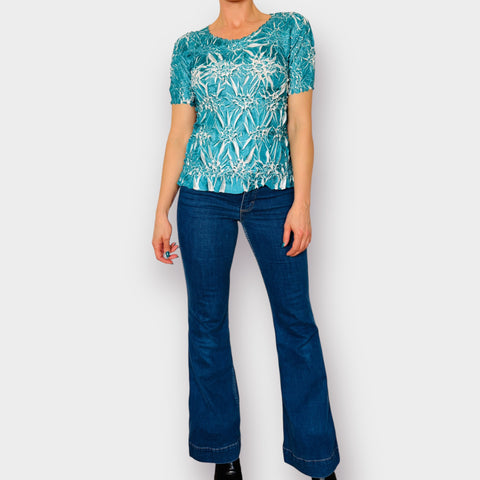 90s Teal White Stretch Top Size S-L