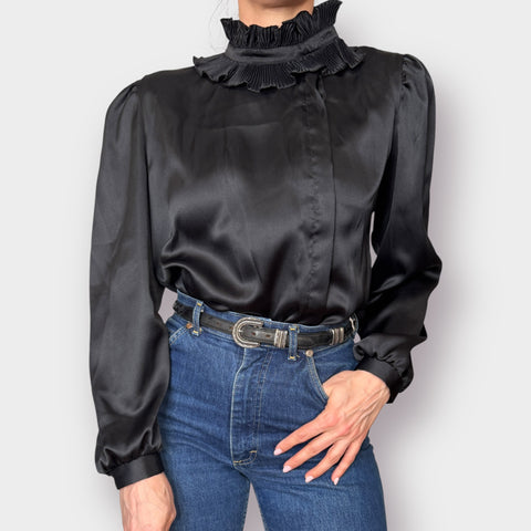 70s MJ Concepts Black Ruffle Collar Blouse Size L