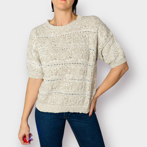 90s Pandora Short Sleeve Tan & Cream Sweater Size L