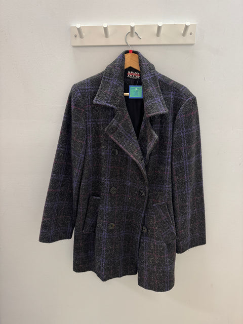 90s NYG Charcoal Pink Purple Plaid Wool Blend Coat Size M/L