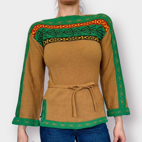 70s Tan Green Tunic Sweater Size M