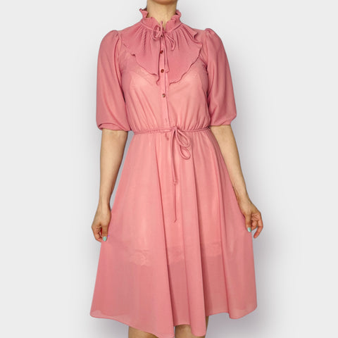 70s Sears Pink Ruffle Collar Dress Size S