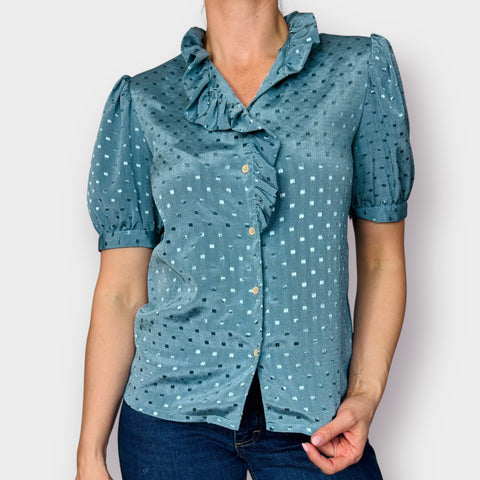 80s Blue Short Sleeve Ruffle Blouse Size M