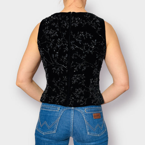 90s Kay Unger Black Beaded Corset Style Top Size M/L