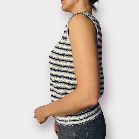 90s Croft & Barrow Navy Cream Woven Sleeveless Top Size M