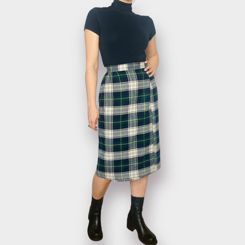 70s Green and Navy Plaid Vintage Skirt