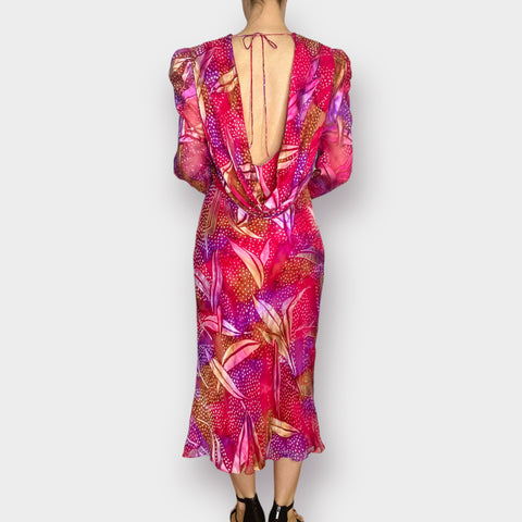 80s Judy Hornby Pink and Purple Long Sleeve Backless Dress