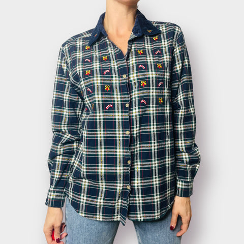 90s Bobbie Brooks Navy Plaid Holiday Button Up Top Size M